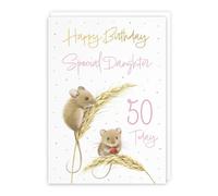 Hunts England - 50th Daughter Cute Harvest Mice Gold Foil Birthday Card - A5 Size - Adorable Mouse On Wheat, Colourful Nature Design - Age 50 Happy Birthday Daughter Card - Milo's Gallery