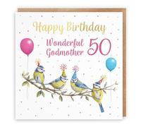 Hunts England - 50th Godmother Blue Tits Birthday Card - Gold Foil - Milo's Gallery - Age 50 Wildlife Funny Birthday Card For Godmother - For 50 Year Old Animal Fan - Age Fifty