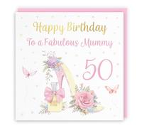 Hunts England - 50th Mummy High Heel And Perfume Birthday Card - Gold Foil - Milo's Gallery - Age 50 Butterflies, Flowers, Hearts Pretty Birthday Card For Mummy - Age Fifty