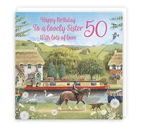 Hunts England - 50th Sister Horse Riding Birthday Card - Canal Narrowboat - Countryside - Age 50 Card For Sister - Milo's Gallery - Age Fifty Birthday