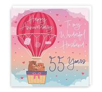 Hunts England - 55th Husband Hot Air Balloon Anniversary Card - Cute Bears Collection - Luxury 55th Anniversary Card For Husband - Romantic Husband 55th Anniversary Card - Champagne And Love Hearts