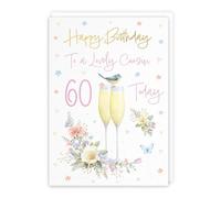 Hunts England - 60th Female Cousin Champagne Flutes Birthday Card - Gold Foil - Milo's Gallery - Age 60 Pretty Flowers, Butterflies Birthday Card For Cousin - A5 Size