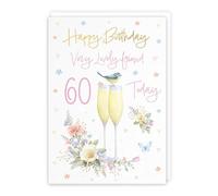 Hunts England - 60th Friend Champagne Flutes Female Birthday Card - Gold Foil - Milo's Gallery - Age 60 Butterflies, Hearts, Flowers Pretty Birthday Card For Friend - A5 Size