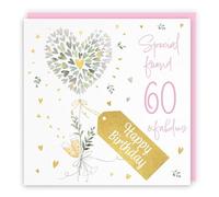 Hunts England - 60th Friend Contemporary Hearts Female Fabulous Birthday Card - Gold Foil - Milo's Gallery - Age 60 Champagne, Hearts Pretty Birthday Card For Friend - Pink Envelope