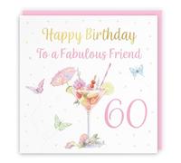 Hunts England - 60th Friend Pink Cocktail And Butterflies Female Birthday Card - Gold Foil - Milo's Gallery - Age 60 Drinks, Flowers, Hearts Elegant Birthday Card For Friend