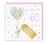 Hunts England - 60th Godmother Contemporary Hearts Birthday Card - Gold Foil - Milo's Gallery - Age 60 Champagne, Hearts Pretty Birthday Card For Godmother - Age Sixty - Fabulous Pink Envelope