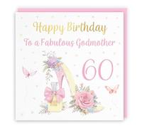 Hunts England - 60th Godmother High Heel And Perfume Birthday Card - Gold Foil - Milo's Gallery - Age 60 Butterflies, Flowers, Hearts Pretty Birthday Card For Godmother - Age Sixty