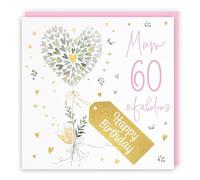 Hunts England - 60th Mum Contemporary Hearts Birthday Card - Gold Foil - Milo's Gallery - Age 60 Champagne, Hearts Pretty Birthday Card For Mum - Age Sixty - Fabulous Pink Envelope