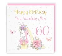 Hunts England - 60th Nan High Heel And Perfume Birthday Card - Gold Foil - Milo's Gallery - Age 60 Butterflies, Flowers, Hearts Pretty Birthday Card For Nan - For 60 Year Old