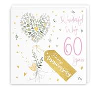Hunts England - 60th Wedding Anniversary Card - Gold Foil - Luxury Card With Hearts Theme For Wife