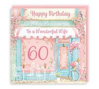 Hunts England - 60th Wife La Petite Patisserie Birthday Card - Charming Pink Bakery, Pretty French Cafe Female Floral Design - Age 60 Happy Birthday Wife Card - Milo's Gallery