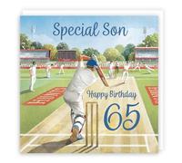 Hunts England - 65th Son Cricket Birthday Card - Milo's Gallery - Age 65 Sport Fun Birthday Card For Son - For 65 Year Old Cricket Fan - Age Sixty Five
