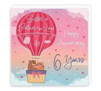 Hunts England - 6th Sister And Brother-in-Law Hot Air Balloon Anniversary Card - Cute Bears Collection - 6th Anniversary Card For Sister And Brother In Law - Champagne And Love Hearts