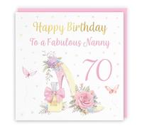 Hunts England - 70th Nanny High Heel And Perfume Birthday Card - Gold Foil - Milo's Gallery - Age 70 Butterflies, Flowers, Hearts Pretty Birthday Card For Nanny