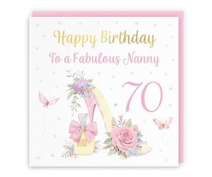 Hunts England - 70th Nanny High Heel And Perfume Birthday Card - Gold Foil - Milo's Gallery - Age 70 Butterflies, Flowers, Hearts Pretty Birthday Card For Nanny