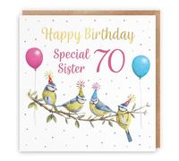 Hunts England - 70th Sister Blue Tits Birthday Card - Gold Foil - Milo's Gallery - Age 70 Wildlife Funny Birthday Card For Sister - For 70 Year Old Animal Fan - Age Seventy