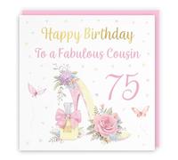 Hunts England - 75th Female Cousin High Heel And Perfume Birthday Card - Gold Foil - Milo's Gallery - Age 75 Pretty Birthday Card For Cousin