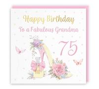Hunts England - 75th Grandma High Heel And Perfume Birthday Card - Gold Foil - Milo's Gallery - Age 75 Butterflies, Flowers, Hearts Pretty Birthday Card For Grandma - Age Seventy Five
