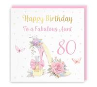 Hunts England - 80th Aunt High Heel And Perfume Birthday Card - Gold Foil - Milo's Gallery - Age 80 Butterflies, Flowers, Hearts Pretty Birthday Card For Aunt - Age Eighty