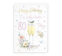 Hunts England - 80th Auntie Champagne Flutes Birthday Card - Gold Foil - Milo's Gallery - Age 80 Butterflies, Hearts, Flowers Pretty Birthday Card For Auntie - Age Eighty - A5 Size