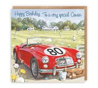 Hunts England - 80th Cousin Classic Sports Car Birthday Card - 80 - To A Very Special Cousin - Male Artistic Car Birthday Card - Milo's - Cricket Match
