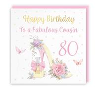 Hunts England - 80th Female Cousin High Heel And Perfume Birthday Card - Gold Foil - Milo's Gallery - Age 80 Pretty Birthday Card For Cousin - Age Eighty - For Her