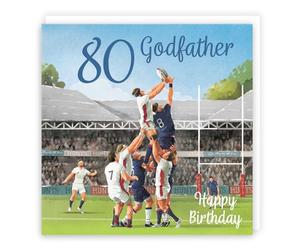 Hunts England - 80th Godfather Rugby Birthday Card - Milo's Gallery - Age 80 Sport Fun Birthday Card For Godfather - Birthday Card For 80 Year Old Rugby Fan - Age Eighty