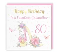 Hunts England - 80th Godmother High Heel And Perfume Birthday Card - Gold Foil - Milo's Gallery - Age 80 Butterflies, Flowers, Hearts Pretty Birthday Card For Godmother - Age Eighty