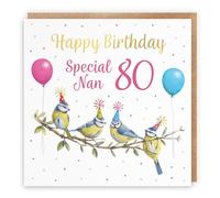 Hunts England - 80th Nan Blue Tits Birthday Card - Gold Foil - Milo's Gallery - Age 80 Wildlife Funny Birthday Card For Nan - For 80 Year Old Animal Fan - Age Eighty