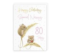 Hunts England - 80th Nanny Cute Harvest Mice Gold Foil Birthday Card - A5 Size - Adorable Mouse On Wheat, Colourful Nature Design - Age 80 Happy Birthday Nanny Card - Milo's Gallery