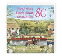 Hunts England - 80th Nanny Horse Riding Birthday Card - Canal Narrowboat - Countryside - Age 80 Card For Nanny - Milo's Gallery - Age Eighty Birthday