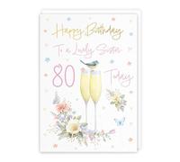 Hunts England - 80th Sister Champagne Flutes Birthday Card - Gold Foil - Milo's Gallery - Age 80 Butterflies, Hearts, Flowers Pretty Birthday Card For Sister - A5 Size