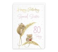 Hunts England - 80th Sister Cute Harvest Mice Gold Foil Birthday Card - A5 Size - Adorable Mouse On Wheat, Colourful Nature Design - Age 80 Happy Birthday Sister Card - Milo's Gallery