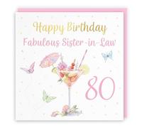 Hunts England - 80th Sister In Law Pink Cocktail And Butterflies Birthday Card - Gold Foil - Milo's Gallery - Age 80 Drinks, Flowers, Hearts Elegant Birthday Card For Sister-in-Law
