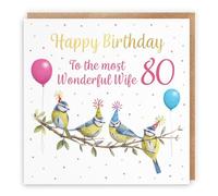 Hunts England - 80th Wife Blue Tits Birthday Card - Gold Foil - Milo's Gallery - Age 80 Wildlife Funny Birthday Card For Wife - For 80 Year Old Animal Fan - Age Eighty