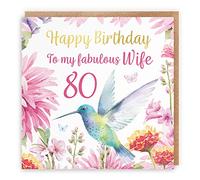 Hunts England - 80th Wife Hummingbird Birthday Card - With Gold Foil - Pretty Flowers - Age 80 Card For Wife - Milo's Gallery - Age Eighty Floral Birthday
