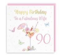 Hunts England - 90th Wife Pink Cocktail And Butterflies Birthday Card - Gold Foil - Milo's Gallery - Age 90 Drinks, Flowers, Hearts Elegant Birthday Card For Wife - Age Ninety