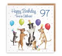 Hunts England - 97th Birthday Card For Him/Her - Dancing Dogs - Men's/Women's Birthday Card - Age 97 Male - Age 97 Female - Milo's Gallery - Funny