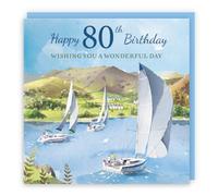 Hunts England - Artistic 80th Birthday Card - Sailing Boats - Mountains, Yacht, Countryside - Eighty, Age 80 - For Him, Her, Men, Women - Milo's Gallery - 14.5 x 14.5 cm
