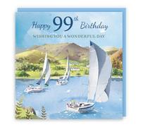 Hunts England - Artistic 99th Birthday Card - Sailing Boats - Mountains, Yacht, Countryside - Ninety Nine, Age 99 - For Him, Her, Men, Women - Milo's Gallery - 14.5 x 14.5 cm