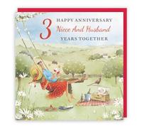 Hunts England - Artistic Niece And Husband 3rd Wedding Anniversary Card - Meadow Picnic - Wine, Countryside, Artistic, Romantic - 3rd Leather, 3 Years - For Him, Her, Men, Women - Milo's Gallery