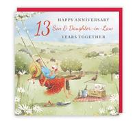 Hunts England - Artistic Son And Daughter-in-Law 13th Wedding Anniversary Card - Meadow Picnic - Wine, Countryside, Artistic, Romantic - 13th Lace, 13 Years - For Him, Her, Men, Women - Milo's Gallery
