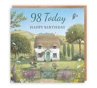 Hunts England - Artistic Traditional 98th Birthday Card - Thatched Cottage - Flowers, Gardening, Nature, Birds - Ninety Eight, Age 98 - For Him, Her, Men, Women - Milo's Gallery - 14.5 x 14.5 cm