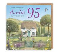 Hunts England - Artistic Traditional Auntie 95th Birthday Card - Thatched Cottage - Flowers, Gardening, Nature, Birds - Ninety Five, Age 95 - Female, For Her, Women - Milo's Gallery - 14.5 x 14.5 cm