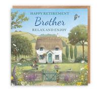 Hunts England - Artistic Traditional Brother Retirement Card - Congratulations - Thatched Cottage - Flowers, Gardening, Nature, Birds - Male, For Him, Men - Milo's Gallery - 14.5 x 14.5 cm