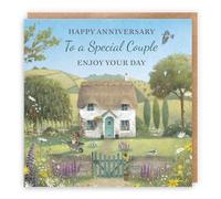 Hunts England - Artistic Traditional Couple Wedding Anniversary Card - Thatched Cottage - Flowers, Gardening, Nature, Birds - For Him, Her, Men, Women - Milo's Gallery - 14.5 x 14.5 cm