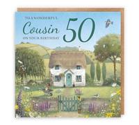 Hunts England - Artistic Traditional Cousin 50th Birthday Card - Thatched Cottage - Flowers, Gardening, Nature, Birds - Fifty, Age 50 - For Him, Her, Men, Women - Milo's Gallery - 14.5 x 14.5 cm