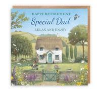 Hunts England - Artistic Traditional Dad Retirement Card - Congratulations - Thatched Cottage - Flowers, Gardening, Nature, Birds - Male, For Him, Men - Milo's Gallery - 14.5 x 14.5 cm