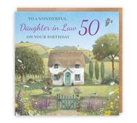 Hunts England - Artistic Traditional Daughter-in-Law 50th Birthday Card - Thatched Cottage - Flowers, Gardening, Nature, Birds - Fifty, Age 50 - Female, For Her, Women - Milo's Gallery