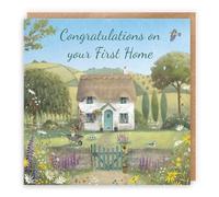 Hunts England - Artistic Traditional First Home New Home Card - Housewarming - New House - Thatched Cottage - Flowers, Gardening, Nature, Birds - For Him, Her, Men, Women - Milo's Gallery